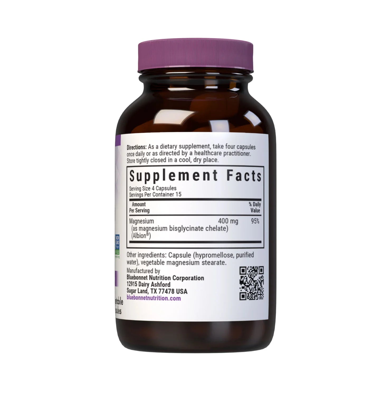 Supplement bottle with purple cap and label on a white background
